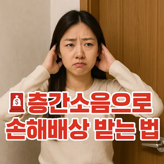 간소음 손해배상 받는 법을 설명하는  여성, 귀를 막고 있는 표정,층간소음 피해, 손해배상 청구