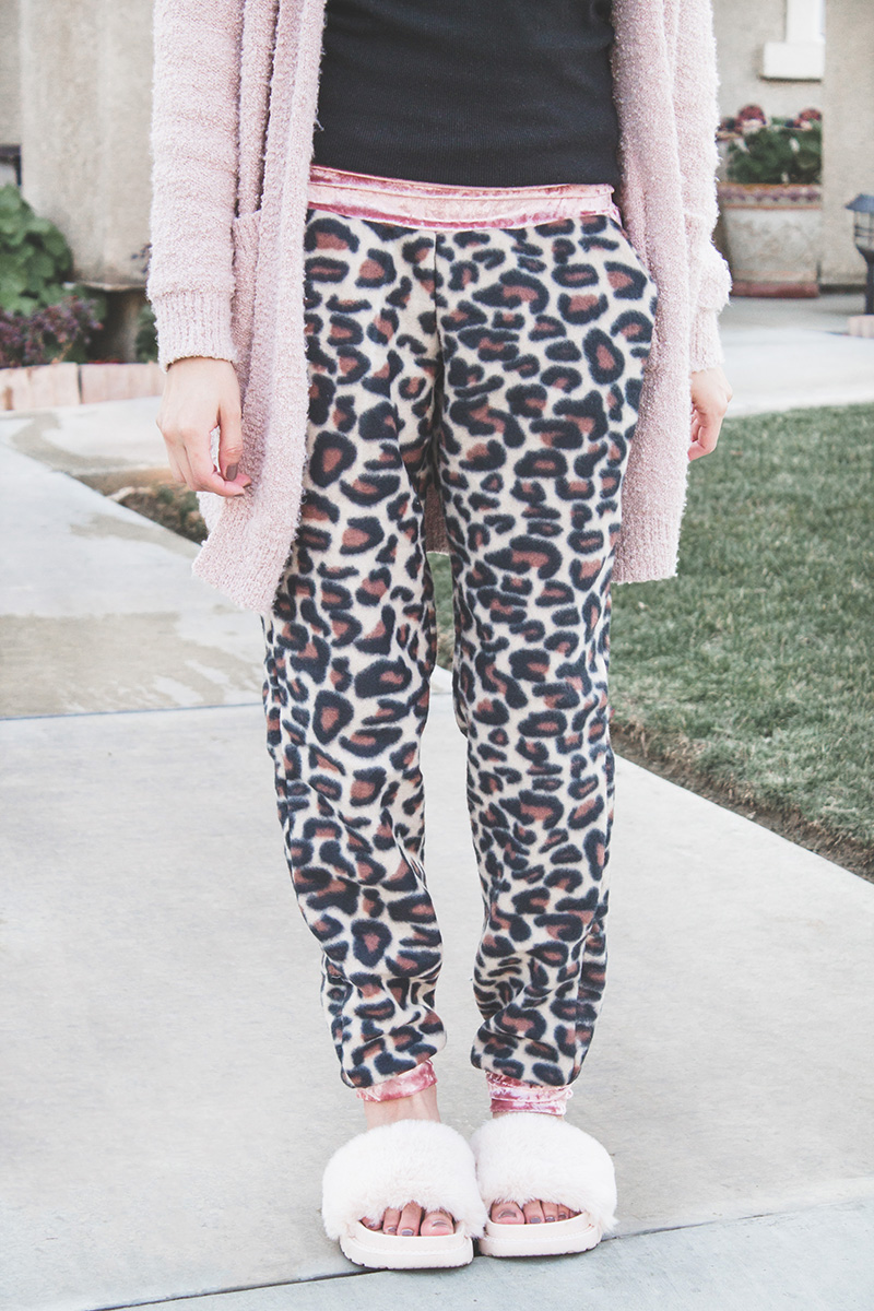 leopard print and velvet joggers close up