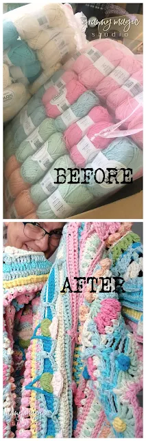 Crochet blanket before and after.