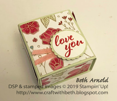 Craft with Beth: Stampin' Up! All My Love DSP Designer Series Paper Valentine's Day Valentine Treat Holder Matchbox Box Chocolate heart candy treat holder Hershey heart chocolates