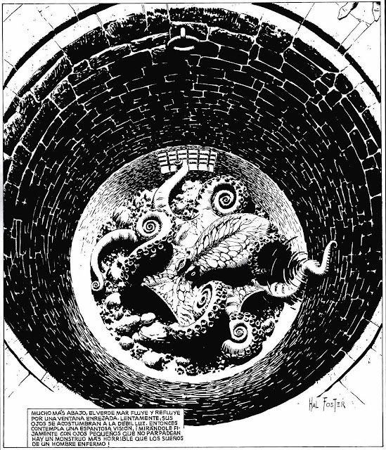 a Hal Foster story panel showing a giant octopus imprisoned in a pit