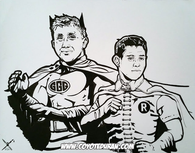 Gennady Golovkin and Roman Gonzalez, ink on 11" X 14" Bristol Board, comic book-inspired boxing art by Coyote Duran