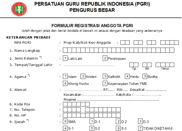 Download Formulir Pendaftaran \/ Registrasi Anggota PGRI Terbaru  PGRI VII KOTO ILIR KABUPATEN 
