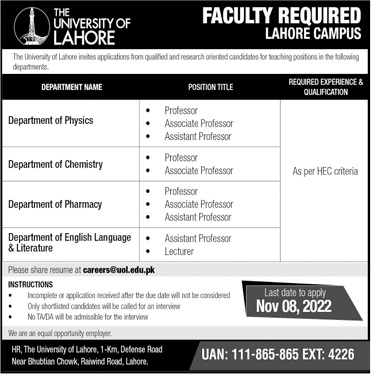 University of Lahore Jobs 2022 – careers.uol.edu.pk