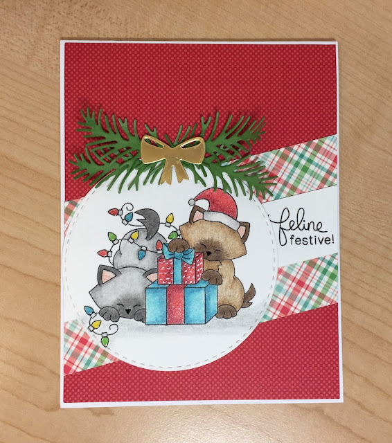 Feline festive by Sherry features Newton's Birthday Bash, Newton's Holiday Mischief and Pines and Holly dies by Newton's Nook Designs; #newtonsnook