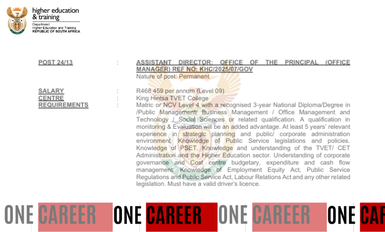 ASSISTANT DIRECTOR: OFFICE OF THE PRINCIPAL (OFFICE MANAGER) | Jobs at Department of Education and Training
