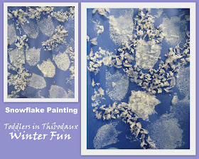 bulletin board for toddler art, snowflake sensory paintings for toddlers, toddler art for winter, toddler projects for art