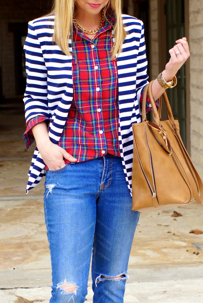 ways to mix stripes and plaid outfit idea