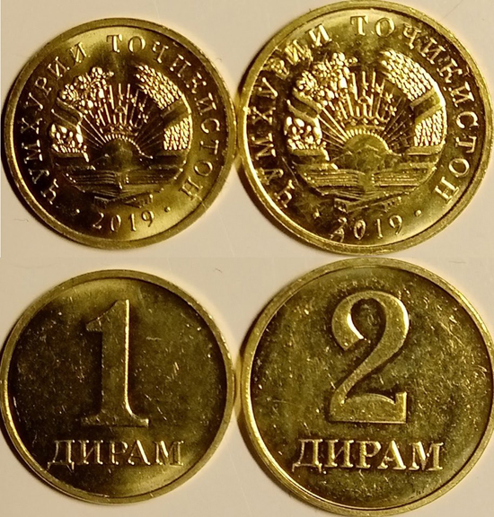 Tajikistan 1 & 2 diram 2019 New circulation designs