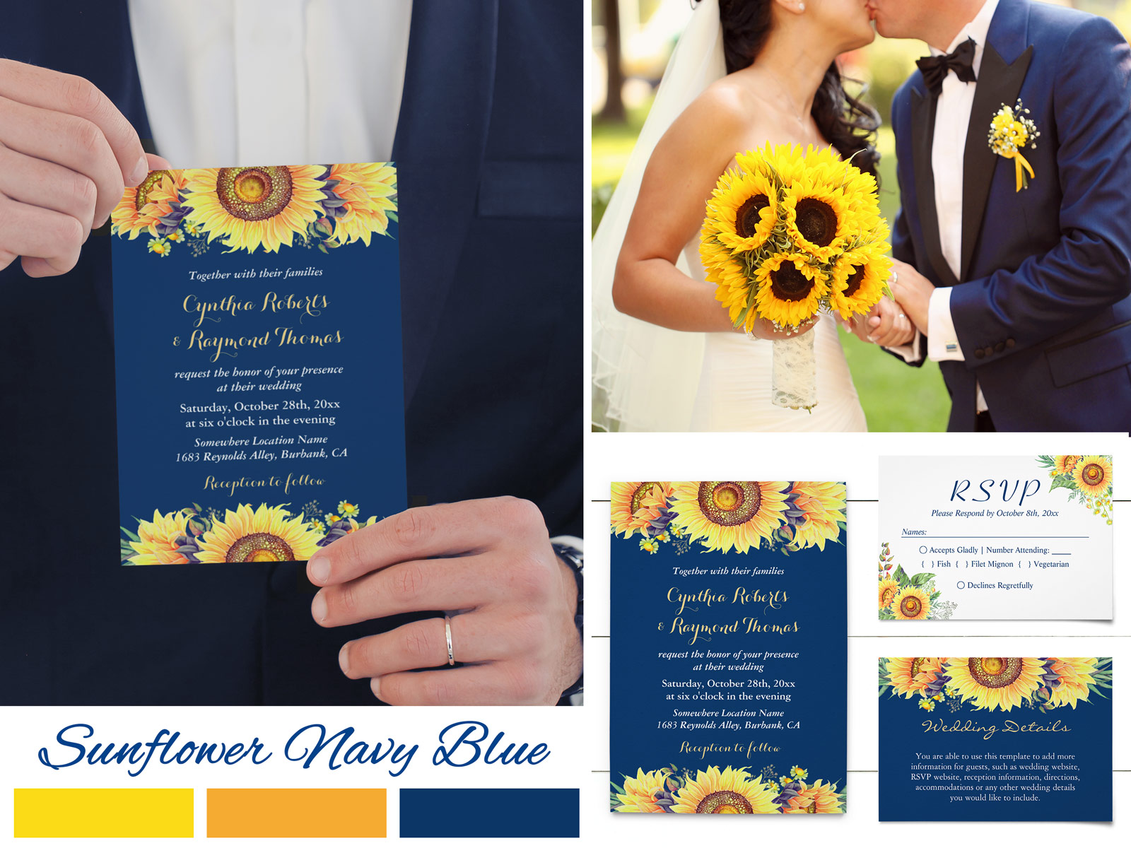 Rustic Sunflowers Navy Blue Invitation Suite