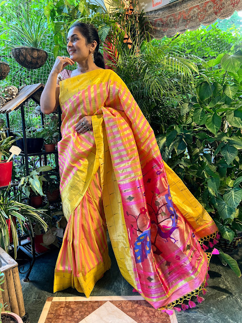 Florescent yellow and pink striped silk paithani