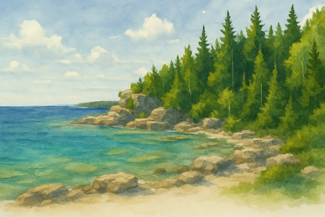 ブルース・ペニンシュラ国立公園を水彩画風に描いた横長の風景画像。ターコイズブルーの湖と石灰岩の岩場、濃い緑の松林が広がり、穏やかな空が遠くに続いている。