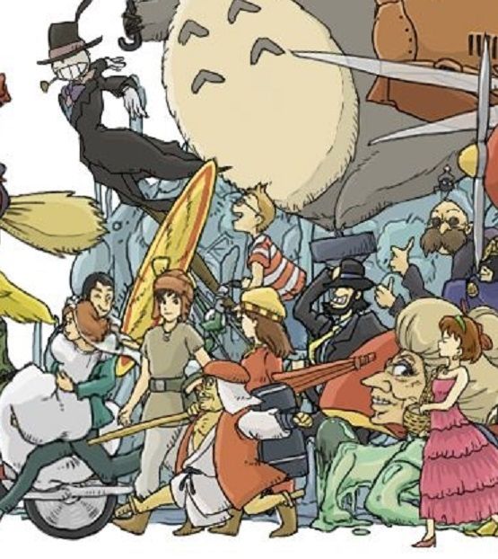 空中庭園と幻の飛行船 超大作 ジブリキャラが大集合して行進しているイラスト ジブリ行進絵 空中庭園と幻の飛行船 超大作 ジブリキャラが大集合して行進しているイラスト ジブリ行進絵