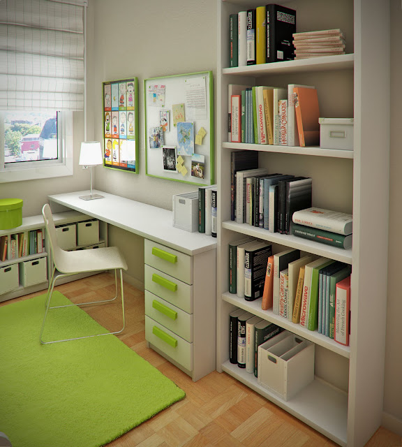 Письменный стол и книжный шкаф в принципе занимают не много места в детской комнате