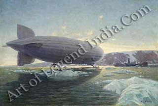 The Graf Zeppelin, This celebrated rigid airship, built in 1928, was piloted by Hugo Eckener on a round the world trip the following year. The 21,255 mile flight was completed in 20 days, 4 hours and 14 minutes. This painting of the Graf Zeppelin shows the airship on a regular flight in 1931, one of the malty during nine years of service. 