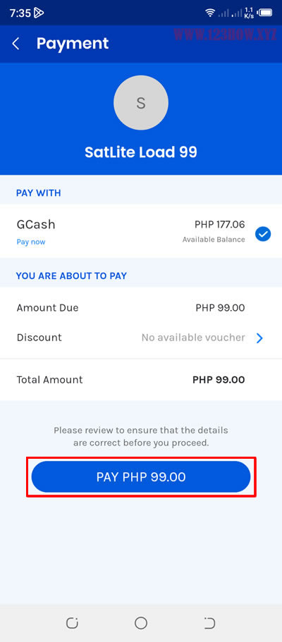 payment for satlite load 99 gcash