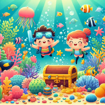 children diving undersea above treasure chest cartoon style