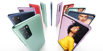 Front screen and rear body of the Samsung Galaxy S20 FE in Cloud Mint, Cloud Navy, Cloud Lavender, and Cloud Red colours. Photo courtesy of Samsung.