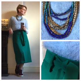 Primark eyelash jumper, warehouse midi skirt, stella and dot necklace
