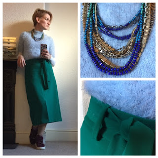 Primark eyelash jumper, warehouse midi skirt, stella and dot necklace