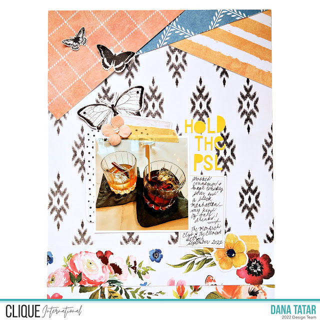 Mixed Print Layered Fall Drinks Scrapbook Layout with Die-cut Butterflies Paper Flowers Letter Stickers and Washi Tape