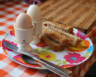 Soft boiled eggs with toast soldiers. Our new egg cups, too