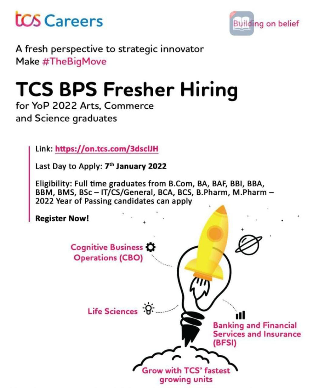 Job Availables,TCS BPS Job Vacancy For B.Pharm/ M.Pharm/ BSc- IT/ CS/ General / B.Com/ BCA/ BCS/ BAF/ BA/ BBA/ BBI/ BBM/ BMS