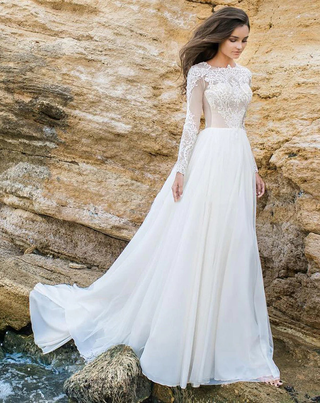 vestidos de novia de gasa de encaje blanco 2021 | vestidos de novia sencillos manga larga