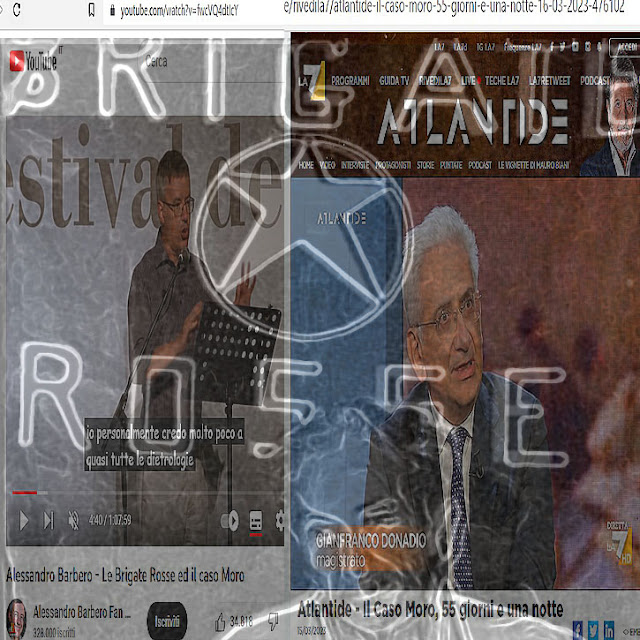 A sinistra il video di Alessandro Barbero pubblicato da uno dei numerosi canali dei suoi fan. A destra uno screenshot della puntata di Atlantide dove si vide il magistrato Donadio. In trasparenza l'immagine di Moro diffusa dalle BR.