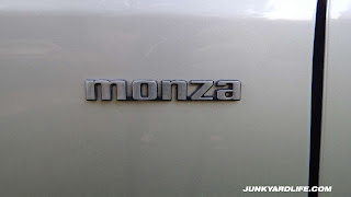 Detail of silver block letter Monza emblem on side of silver fender