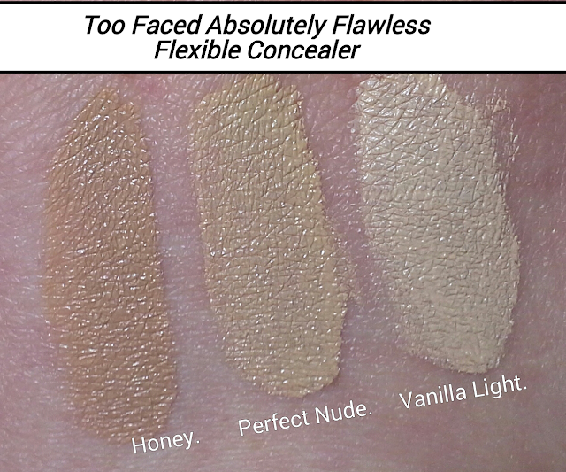 Too Faced Absolutely Flawless Flexible Coverage Concealer; Review & Swatches of Shades  Vanilla Light, Perfect Nude, Honey