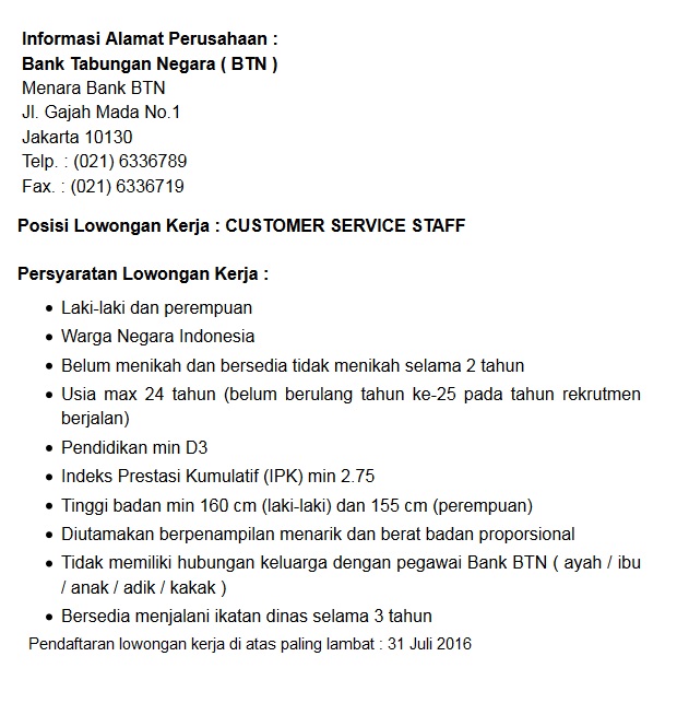 Contoh Iklan Baris Lowongan Kerja Customer Service Staff 