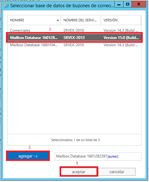 Seleccionar base de datos de buzones de correo