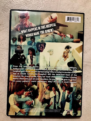 DVD Back cover of Andy Milligan’s surgikill shows scenes from the movie, including the killer performing an unauthorized surgery.  Text reads, what happens in this hospital would Make you Sick!  Plot synopsis reads, From the weirdest depths of the twisted mind of Andy Milligan, Hollywood's weirdest director, comes surgikill.  It was such a nice little hospital until those people started dying! Who is trying to murder every one at Goode Community Hospital? Will the dedicated head of the hospital, Dr. Grace Goode, keep her head while everyone else is losing theirs? There are guts all over the place. Do you have the guts to watch? It's every patient's worst nightmare. Why? Because it could happen!