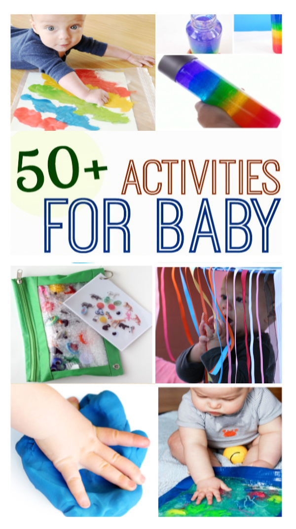 What can baby do? TONS!  Here are 50+ fun activities perfect for babies & toddlers- sensory play, taste safe recipes, and more! #babyplay #babyactivities #sensoryactivitiesforbabies #sensoryactivities #tastesafesensory #babysensoryplay #sensoryplayforbabies #kidsactivities #growingajeweledrose