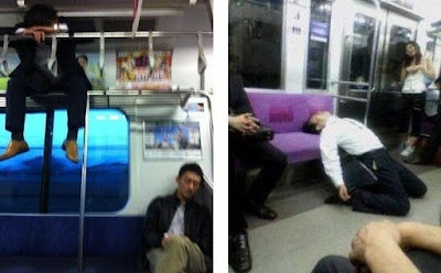 Bahnfahren in Japan - lustige schlafende Leute bei Feierabend