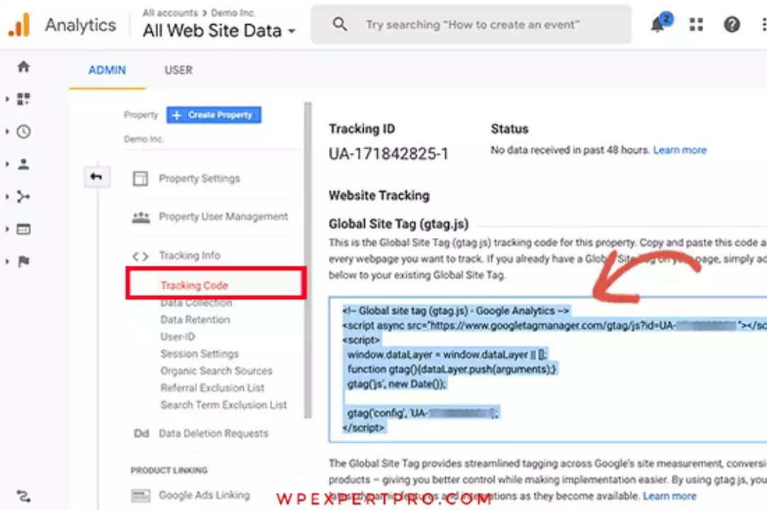 copy your Google Analytics tracking code