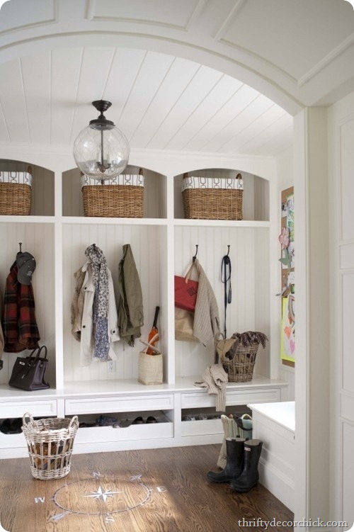white mud room wood floors