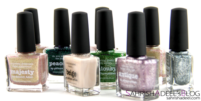 Picture Polish Nail Polishes in Peacock, Jealousy, Heavy Metal, Antique, Beige and Majesty