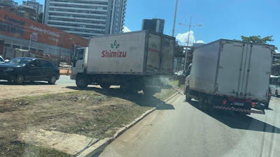 Caminhão de empresa de alimentos é flagrado fazendo retorno em cima de canteiro na Avenida ACM