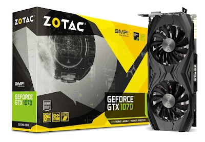      Spesifikasi Zotac GTX 1070 AMP Core Edition           GPU  GeForce® GTX 1070  CUDA cores  1920  Video Memory  8GB GDDR5  Memory Bus  256-bit  Engine Clock Base: 1607 MHz   Boost: 1795 MHz  Memory Clock  8 GHz  PCI Express  3.0  Display Outputs  3 x DisplayPort 1.4   HDMI  2.0b   DL-DVI-D  HDCP Support  Yes  Multi Display  Capability Quad Display  Recommended Power Supply  500W  Power Consumption  220W   Power Input  Dual 8-pin   DirectX 12 API feature level  12_1   OpenGL  4.5  Cooling  Dual Fan IceStorm  Slot Size  Dual Slot   SLI Yes - SLI  HB Bridge Supported   Supported OS   Windows 10 / 8 / 7  Card Length  300mm x 148mm x 43.5mm (11.81in x 5.83in x 1.71in)  Accessories  6-pin to 8-pin PCIe adapter   Driver Disk 