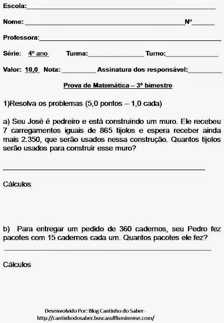 Avaliação de matemática 3 ano fundamental