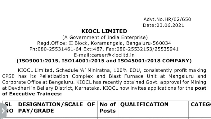 || PSU JOB || EXECUTIVE TRAINEE FINANCE VACANCY FOR FRESHER CA/CMA AT KIOCL LIMITED