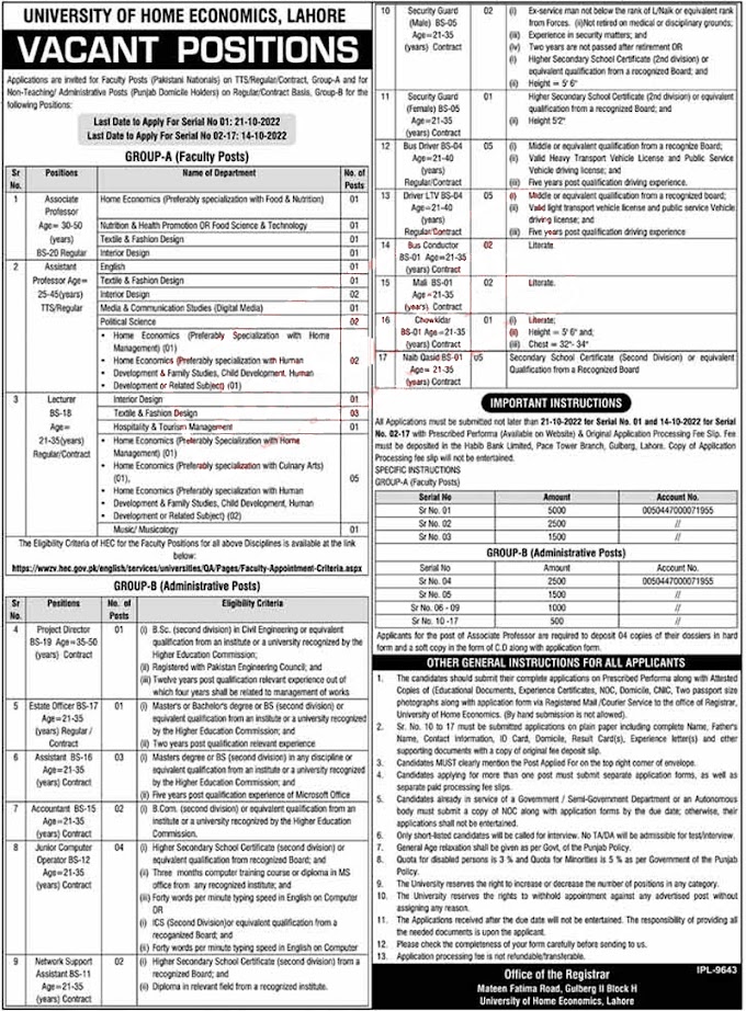 UHE Lahore Jobs 2022 | University of Home Economics Jobs 2022 