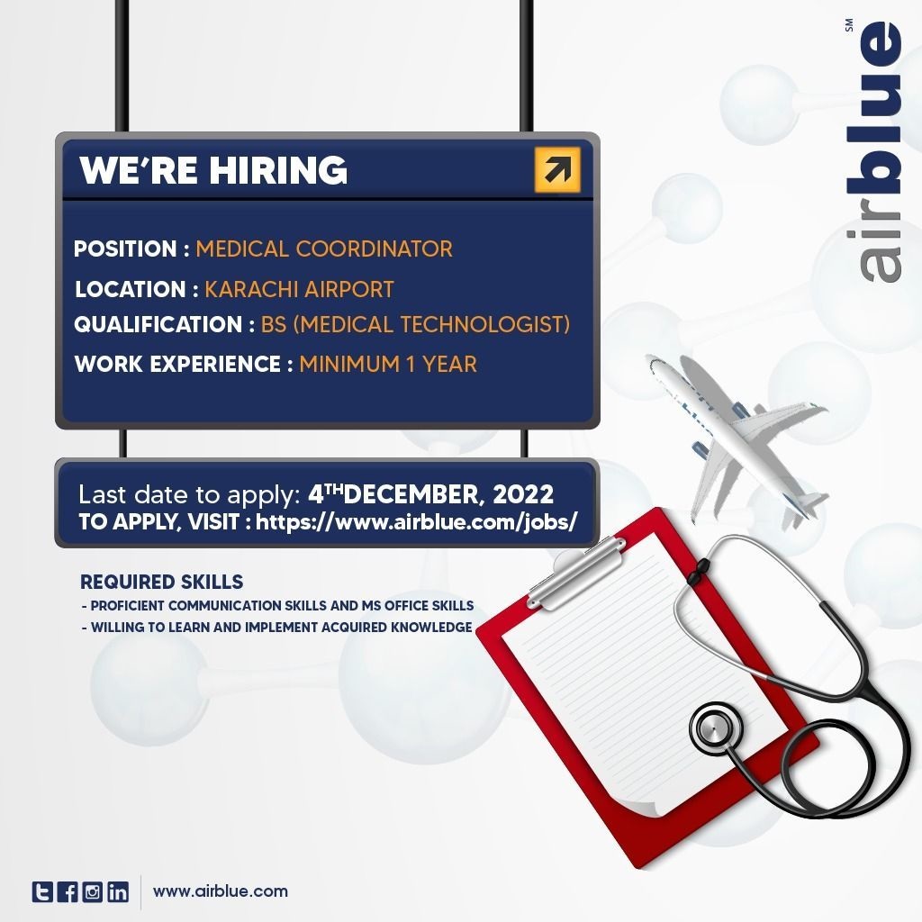 AirBlue Pakistan looking to hire Medical Coordinator For Karachi Airport