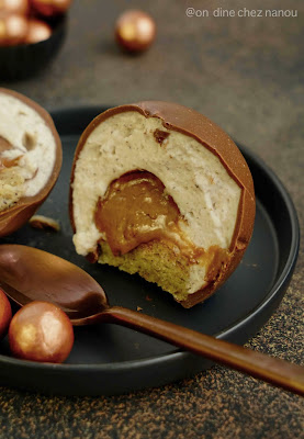 mousse noisette , entremets , praliné coulant , gâteau moelleux