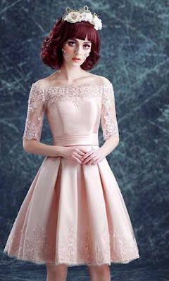 short off the shoulder blush lace prom dresses