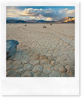 A stone's-eye-view of two tracks made by the sailing stones of Death Valley's Racetrack playa. The dried clay surface has a beautiful texture, and there is a palpable aura of mystery over the entire three-square-mile playa. The Racetrack was not entirely free of human influence though: several weeks before this taken many of the stones were stolen, leaving long trails without a traveler at the end. (Photo and caption by Tucker Sylvestro)