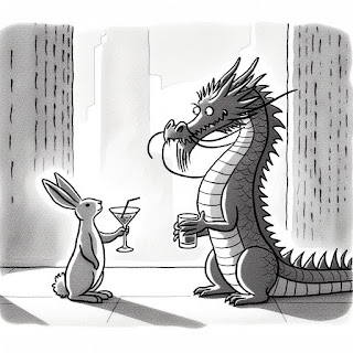 Rabbit handing cocktail to Chinese Dragon