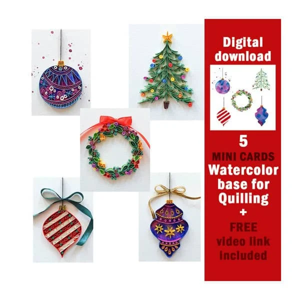 five christmas card designs including ornaments, wreath, and tree for which a digital download of watercolor bases is available